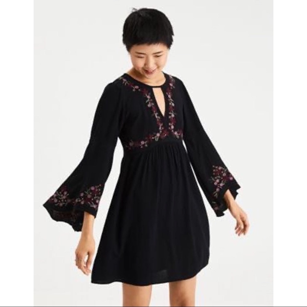 AEO Women's Black Embroidered Bell-sleeve Dress